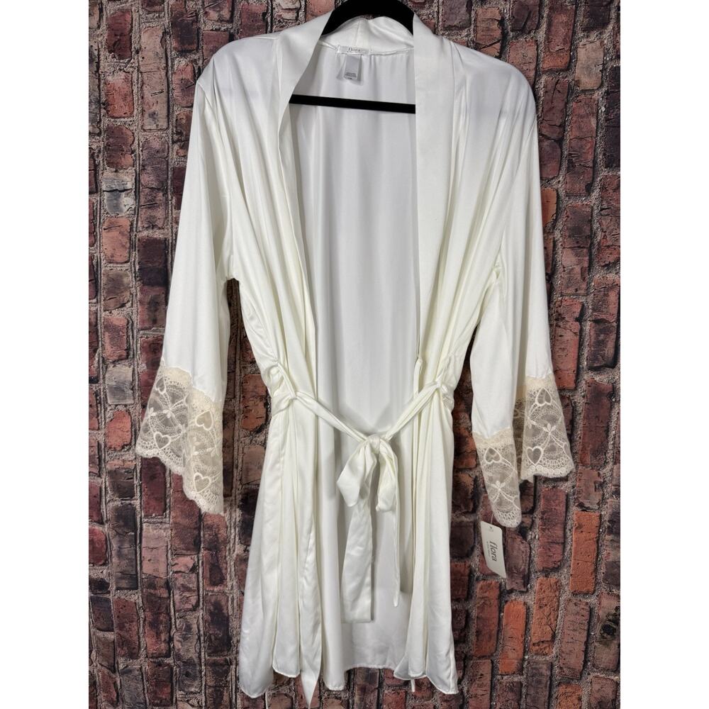 Flora Nikrooz L/XL Womens Robe Ivory Lace Trim Belt Tie New With Tag